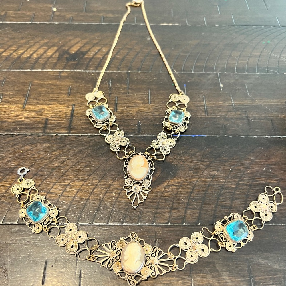 Victorian filigree necklace & bracelet set w carved shell cameos & blue stones
